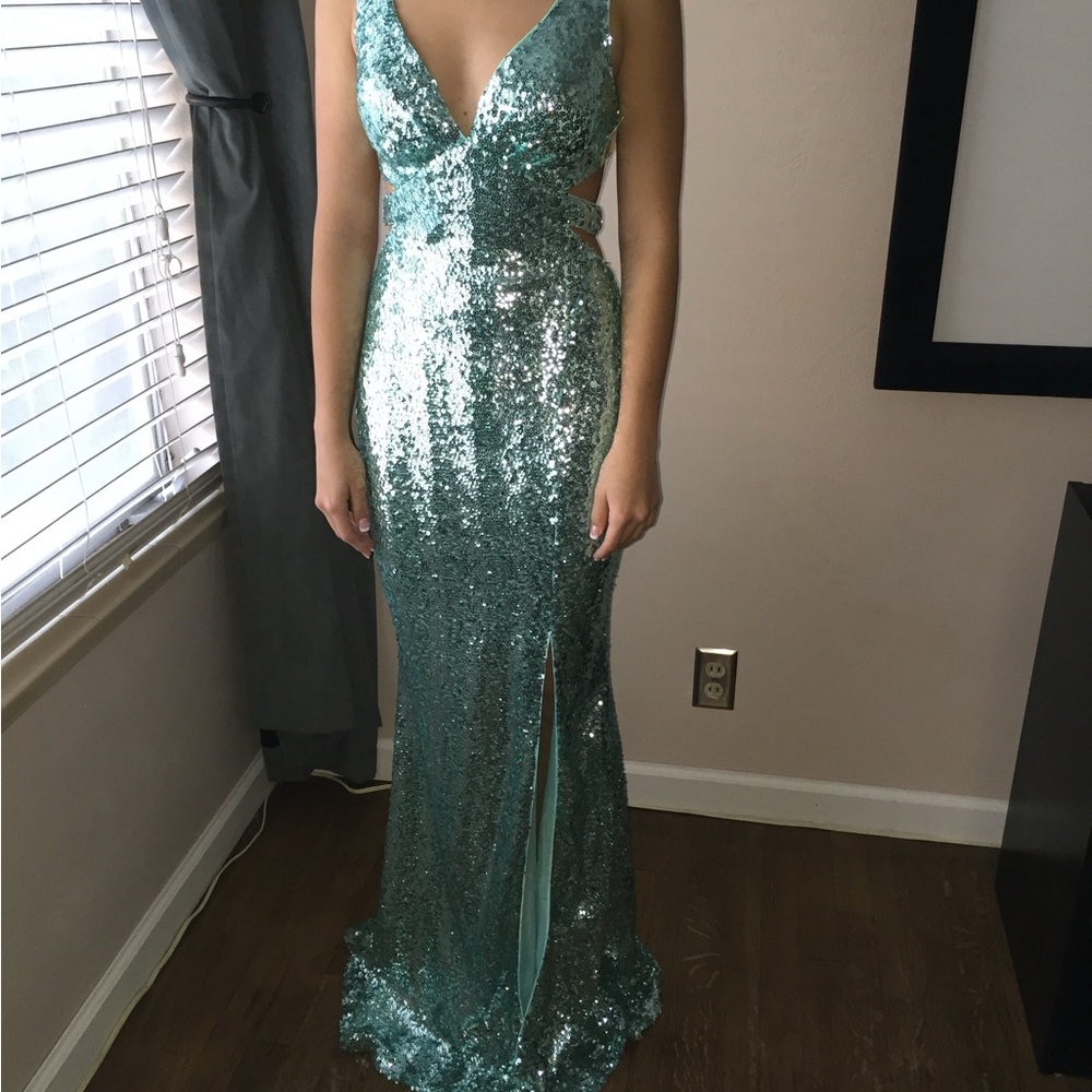 Faviana Green Sequin Halter Prom Dress